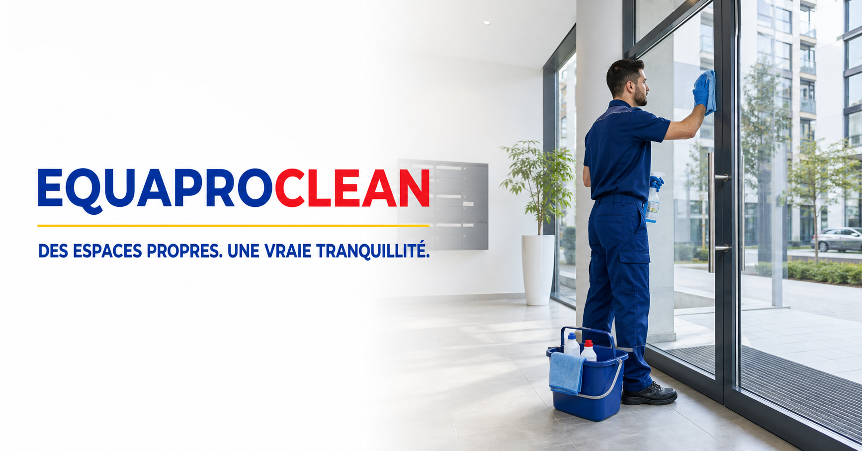Professionnel nettoyant soigneusement l’entrée vitrée d’un immeuble